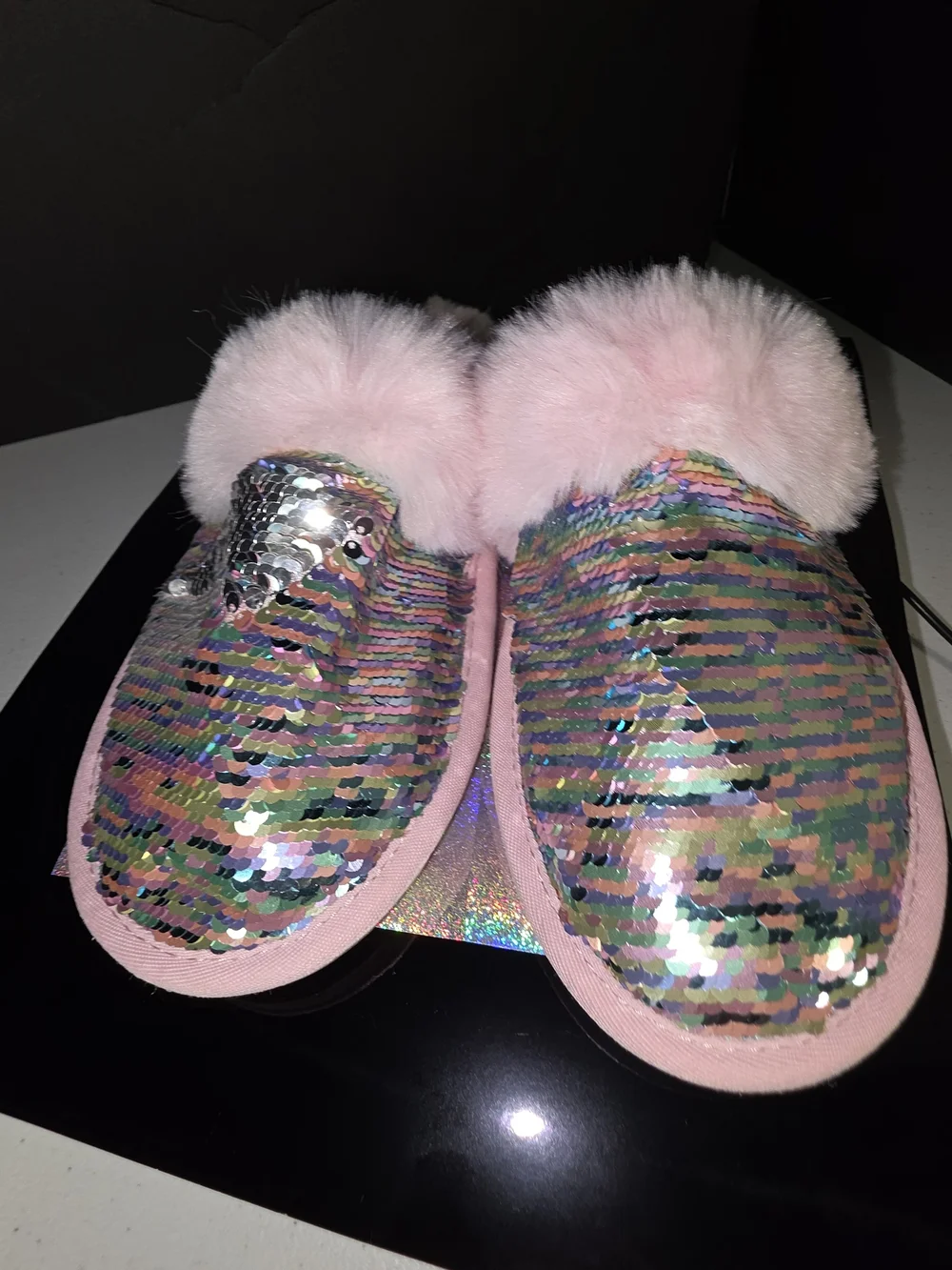 The Children's Place Flip Sequin Faux Fur Slippers Pink Multi Big Girl Sz 5/6